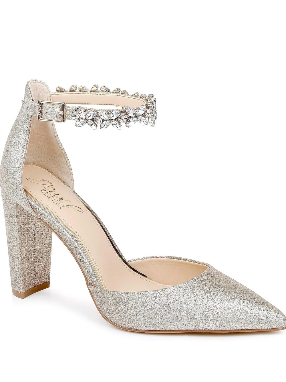Jewel Badgley Mischka Silver Glitter Pointed-Toe Ankle-Strap Heels